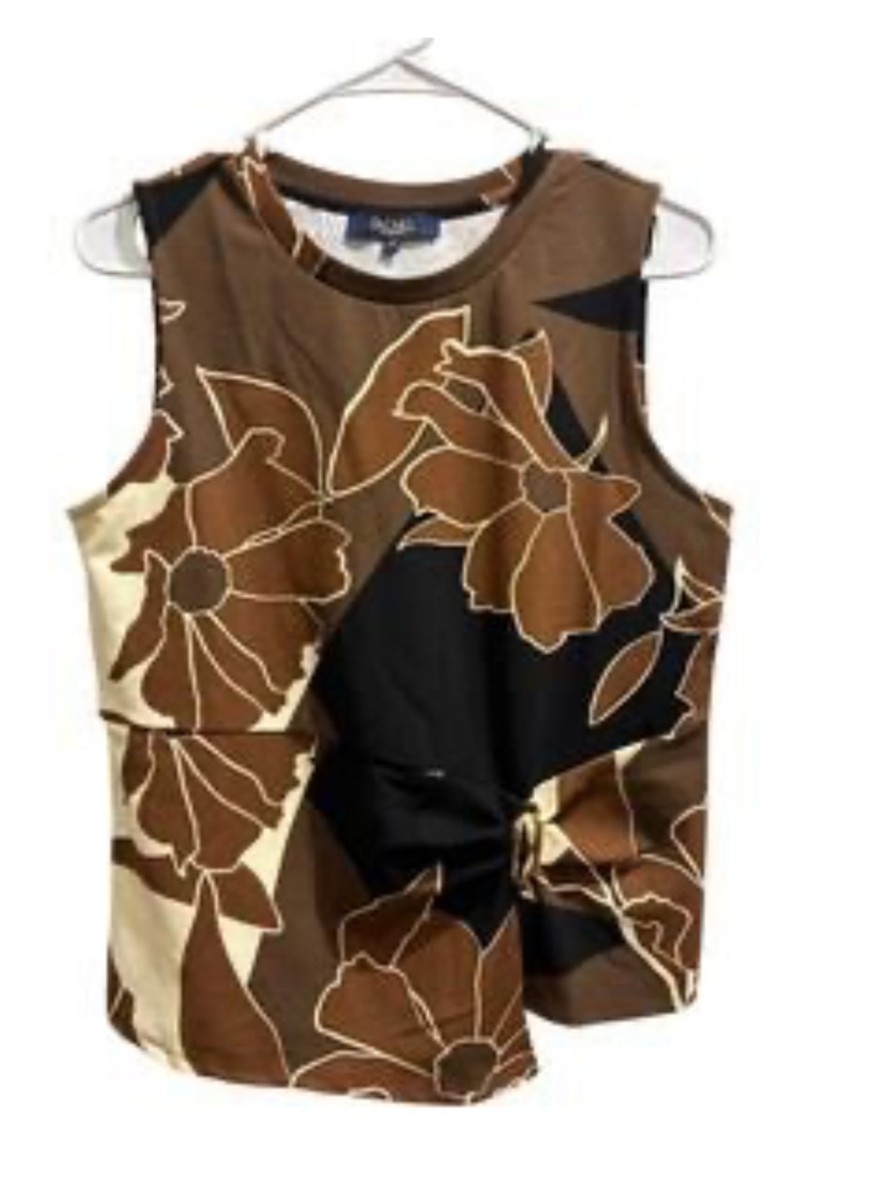 NWT Rachel Roy Sleeveless Brown Floral Tie-Hem Top, w/ side gold clasp, Size 1X